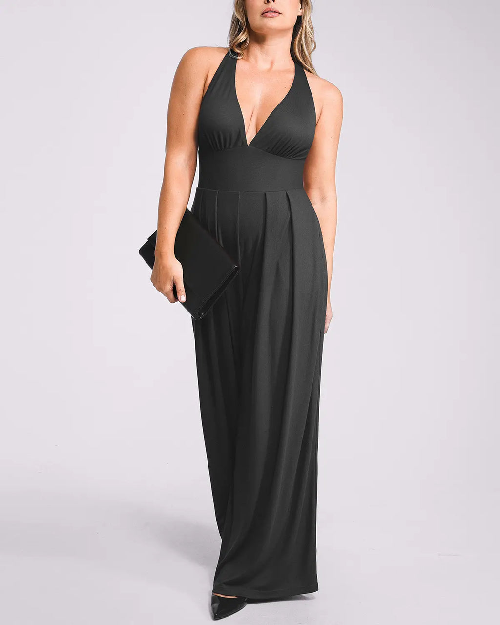 Deep V shaping jumpsuit with built-in support and waist sculpting design